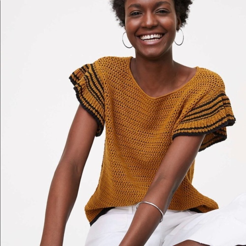 ☀️ LOFT Sunset Flutter Crochet Knit Top Mustard Small Casual Yellow Boho Cute